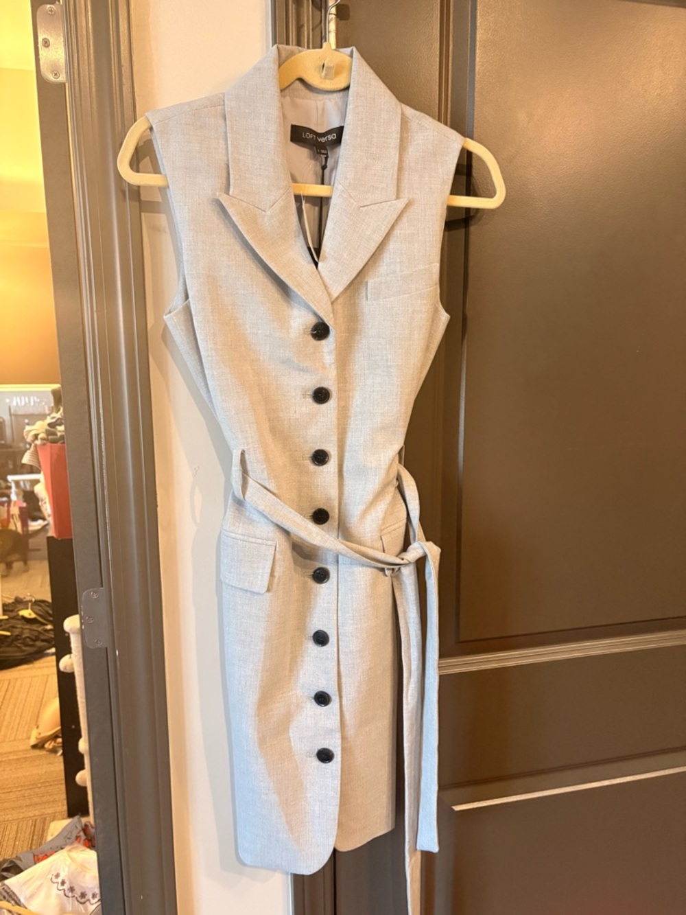 LOFT Light Gray Sleeveless Button-Front Belted Sheath Dress